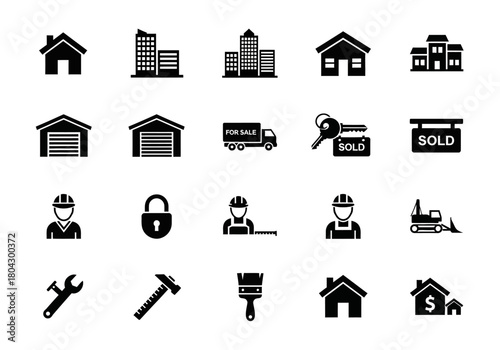 A comprehensive set of black glyph icons for the real estate, construction, and moving industry, featuring houses, tools, and property symbols