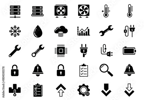 Technology and data center solid icon set for web development. Includes vector symbols for servers, cloud computing, security, and UI design. npm363
