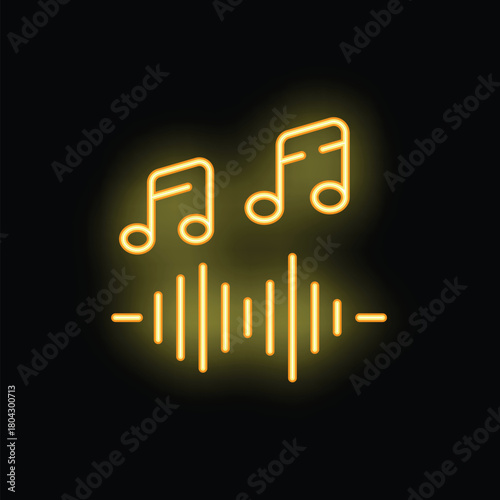 Bright yellow neon sign representing music notes playing on an audio spectrum analyzer on a black background