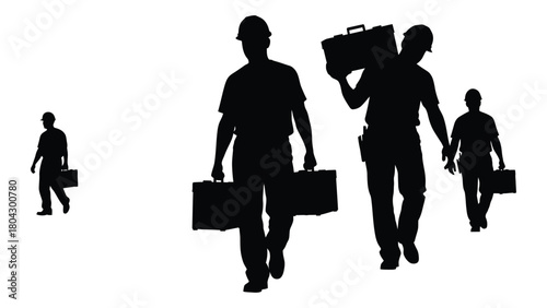 Silhouettes of tradesmen with toolboxes isolated on white background, Vector