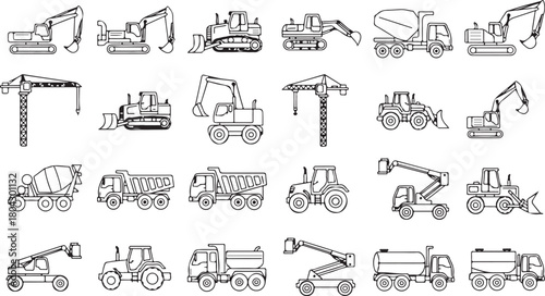 Construction vehicles and machinery icons set in outline style illustration