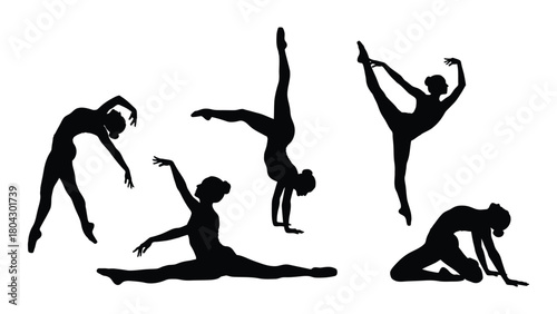 Dynamic female silhouettes in dance and gymnastics poses isolated on white background, Vector