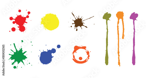 Collection of colorful paint splatters and drips in various shapes isolated on white background art
