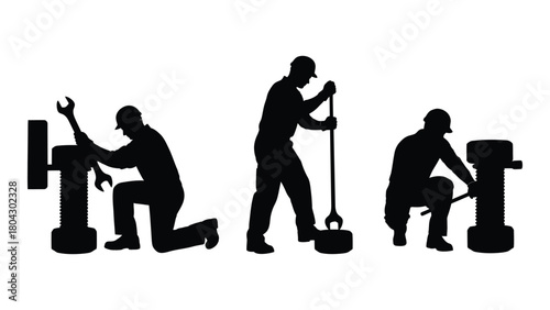 Industrial mechanics silhouettes at work isolated on white background, Vector