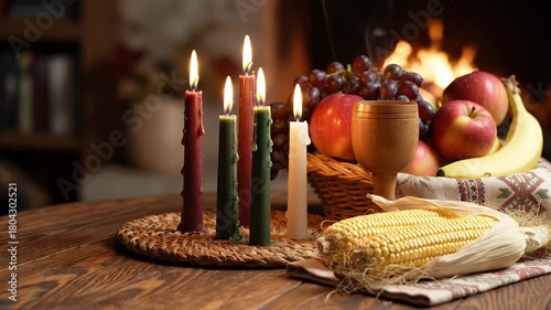 Kwanzaa Festive Still Life with Lit Candles Corn and Fruit Basket on Wooden Table by Fireplace Celebrating African Heritage in Warm Hues