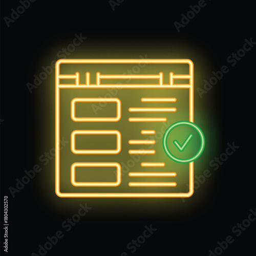 Neon sign representing an online survey being completed, with a validation check mark