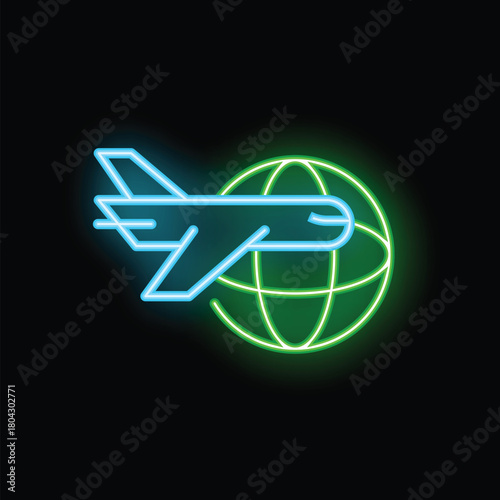 Neon airplane taking off around a green planet earth globe, representing worldwide travel and global tourism