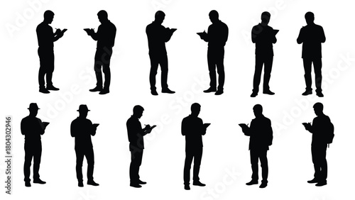 Silhouettes of men writing and taking notes isolated on white background, Vector