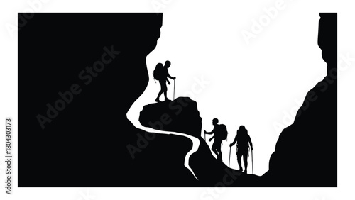 Mountain hikers silhouette ascent isolated on white background, Vector