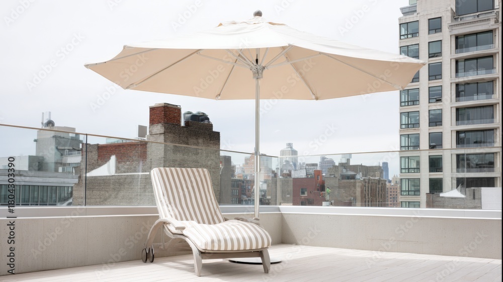 Obraz premium Rooftop Relaxation: Lounge Chair and Umbrella with City Skyline Views on a Sunny Day