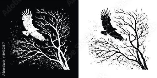 A silhouette of a cockatoo in flight, with bare branches and scattered leaves, presented in both positive and negative space