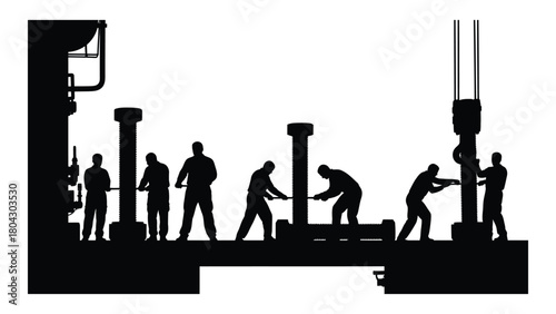 Industrial workers assembling machinery silhouette isolated on white background, Vector