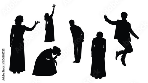Diverse human silhouettes expressing various emotions isolated on white background, Vector