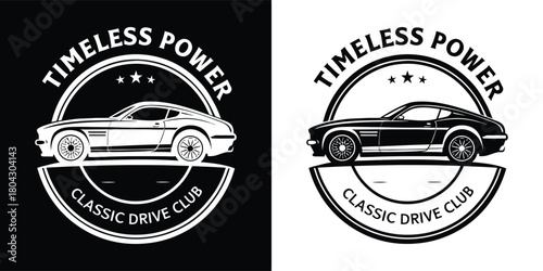 Timeless power classic drive club logo featuring a vintage car silhouette, symbolizing automotive passion and heritage