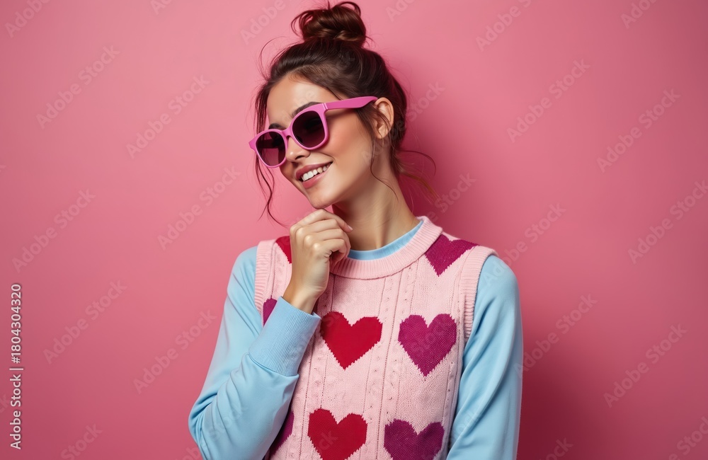 Obraz premium Smiling woman wears pink heart sweater vest, sunglasses. Girl poses in stylish modern outfit against bright rose backdrop. Expresses positivity, confidence in studio fashion portrait. Model with fun