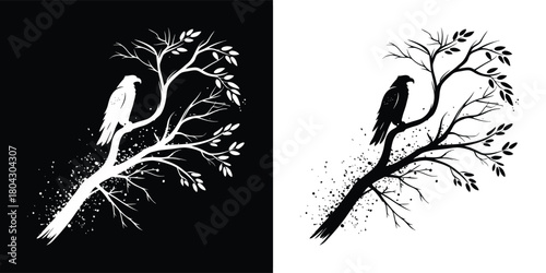 A black bird perched on a bare tree branch with scattered leaves, presented in both positive and negative formats