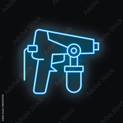 Blue neon sign of a modern electric or pneumatic spray gun on a black background