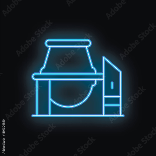 Blue neon sign of concrete mixer glowing on black brick wall