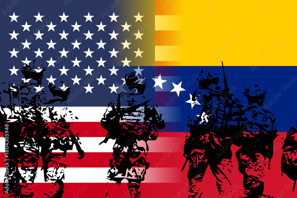 Fototapeta premium US and Venezuela flags blended with soldiers in silhouette, representing rising tension, military presence, and potential conflict between the United States and Venezuela