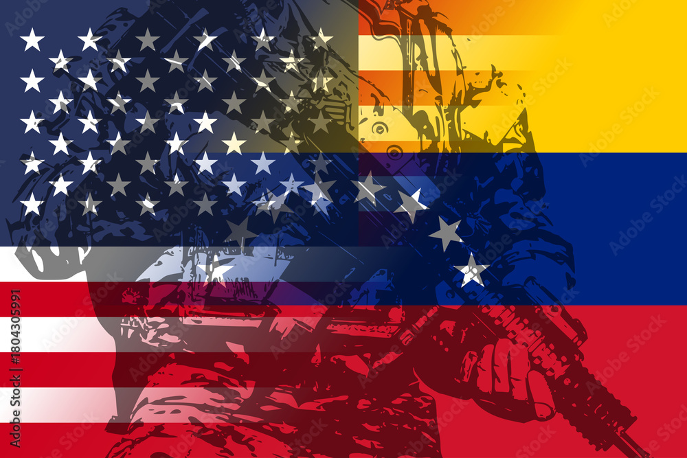 Naklejka premium Overlay of US and Venezuela flags with armed soldier silhouette, symbolising tension, military presence, and potential conflict between the United States and Venezuela
