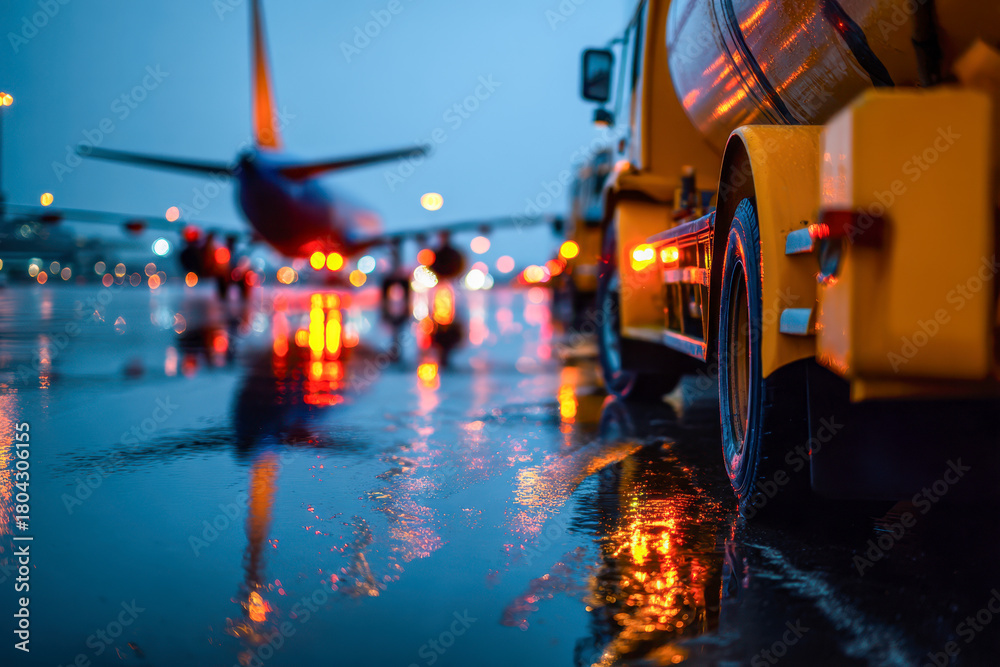 Obraz premium Wet airport tarmac at dusk with reflections of runway lights, blurred airplane in background, and close-up of yellow service vehicle tire and equipment