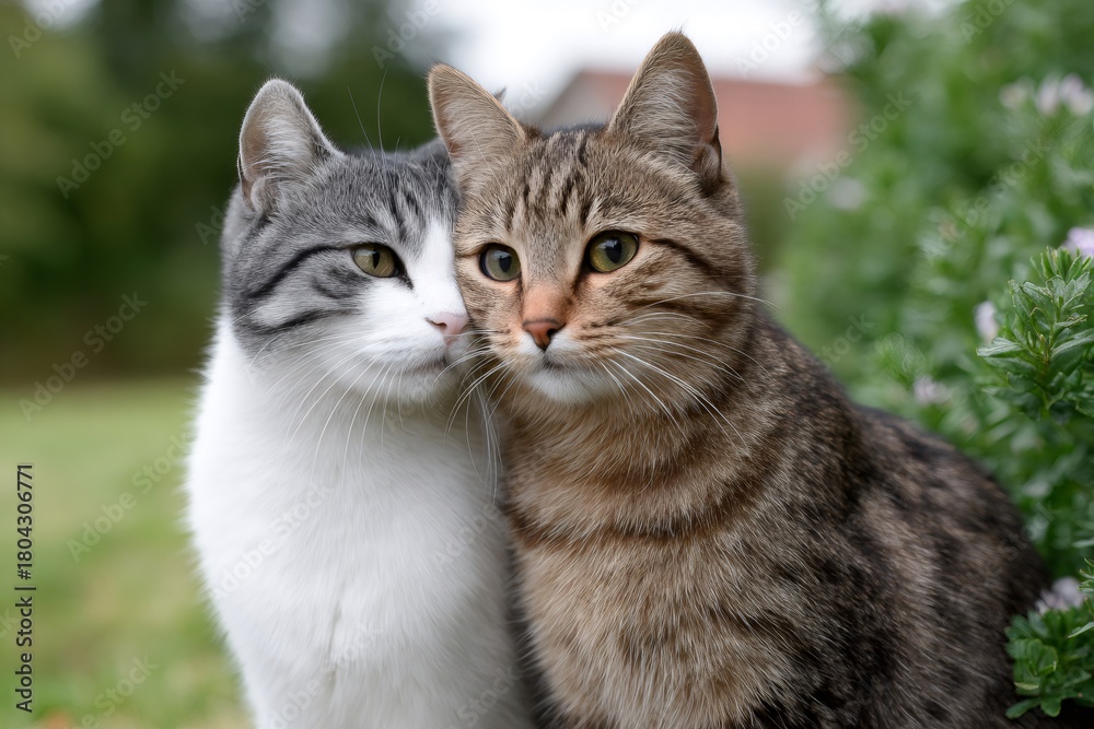 Fototapeta premium Two cats affectionately cuddling together outdoors