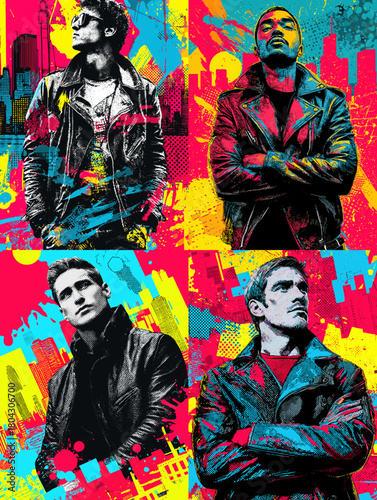 Vibrant pop art illustration of confident men in leather jackets with bold colors and urban graphic elements, creating a striking modern street style artwork.