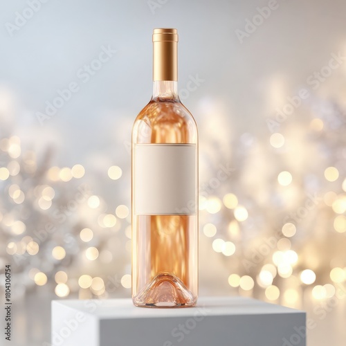 Elegant rose wine bottle on a pedestal with a blurred festive background of lights