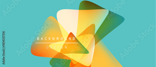 Abstract colorful shapes overlap turquoise background. Modern design elements create dynamic visual composition. Bright gradients enhance overall aesthetic.