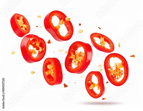 Vibrant red chili pepper slices suspended in mid-air on a white background, showcasing texture and seeds.