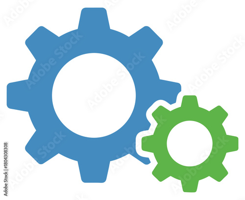 Two colorful flat design gears interlocking, representing settings, mechanism, and teamwork vector icon