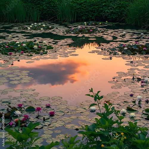 Sunset Reflection on Lily Pad Pond with Blooming Water Lilies.