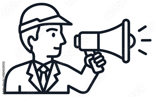 Man in Suit and Cap Speaking into Megaphone Icon Minimalist Outline Vector Illustration for Communication and Alert