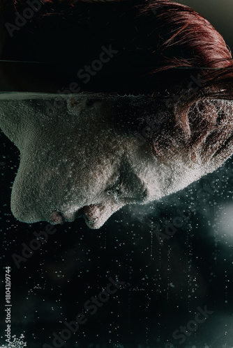 Artistic close-up of a woman’s face submerged underwater, covered in tiny bubbles that highlight delicate contours and create an elegant, abstract, and ethereal visual effect.