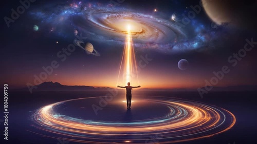 Human figure with outstretched arms connecting to a glowing spiral galaxy in a vast cosmic landscape.
