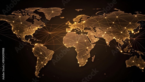 The image shows a world map with glowing lines and points, representing a global