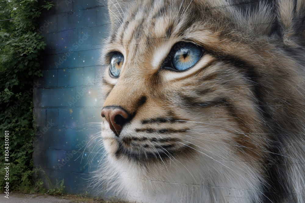 Obraz premium Cat mural with blue eyes and cosmic galaxy background