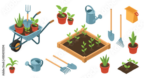 Isometric garden ready to plant fresh vegetables and colorful flowers with various gardening tools like shovels, rakes, and watering cans
