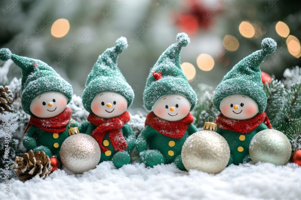 Naklejka premium Cute christmas snow elves sitting in fresh snow outdoors