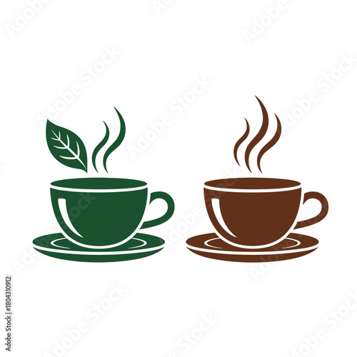 Tea and Coffee: Two elegantly drawn cups of tea and coffee. The one tea cup has a sprig of fresh green leaf, the one coffee cup with steam.