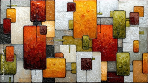 Vibrant abstract artwork featuring a mosaic of rectangular shapes in warm hues of orange red and yellow interspersed with muted green and cream tones against a speckled gray backdrop.