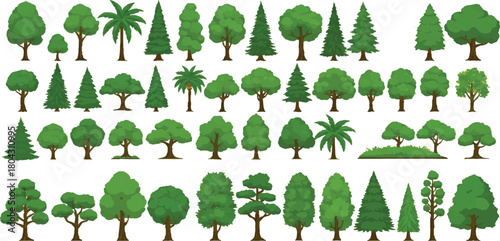 The image presents a collection of 50 cartoon-style trees, each rendered in varying shapes and sizes and colored in different shades of green.  