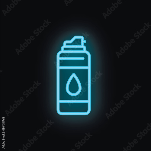 Blue neon icon of a shaving foam or hairspray bottle glowing on a black background