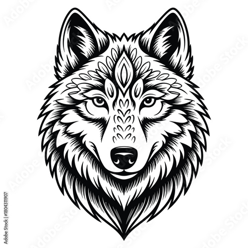 Wolf Head in Art Form: Intricate artwork, the majestic head of a wolf is illustrated with detail. The image captures the wolf's intense gaze and powerful presence.