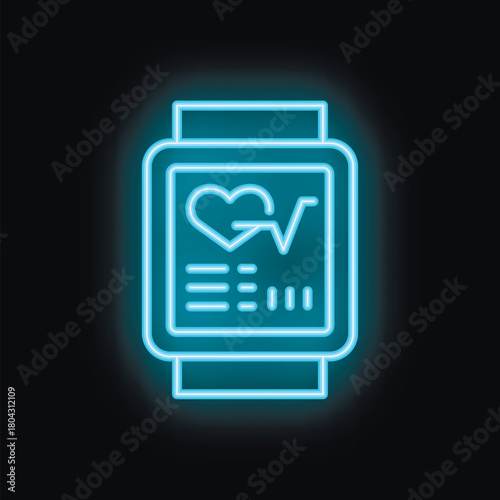 Blue neon smartwatch showing heartbeat rate icon on black background