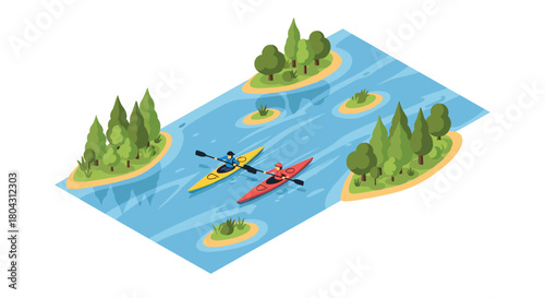Two adventurers kayaking through a tranquil river with lush green islands on a bright summer day, perfect for outdoor recreation and nature lovers