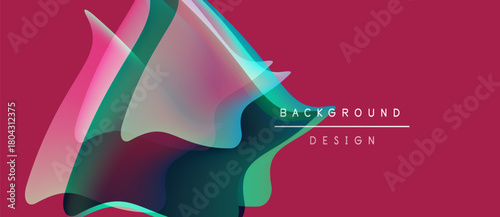 Abstract shapes overlap, creating vibrant color gradients on crimson backdrop. Text reads background design. Modern visual presentation.