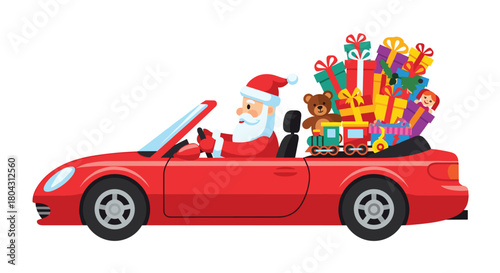 Jolly Santa Claus joyriding in a red convertible, delivering gifts and toys for Christmas cheer, spreading holiday happiness and fun