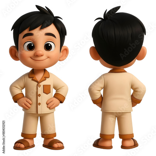 Boy wearing pajamas with front and back detail and brown sandals