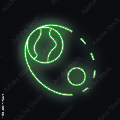 Green neon icon of a planet orbiting around a star on black background